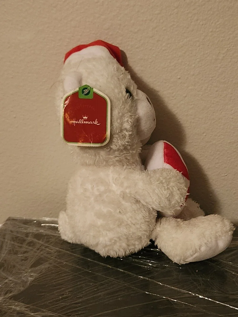 Hallmark White Plush Bear with Red Santa Hat and Peppermint Pillow